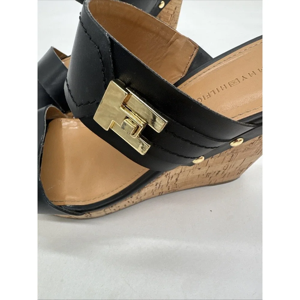 Tommy Hilfiger Cork Wedge Sandals Twmadasen Black Size 7.5
